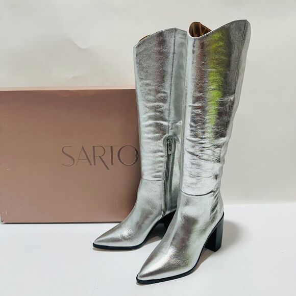 Franco Sarto Ticada Women's US 6.5M Knee High Boots Silver Leather NIB $260 - Picture 2 of 11